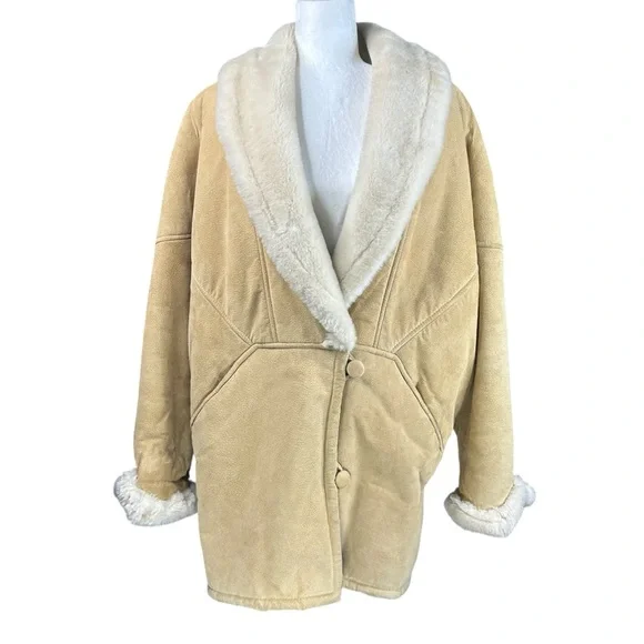 Vintage Leather Penny Lane Style Coat M Faux Fur Boho Daisy Jones Statement - Picture 2 of 16